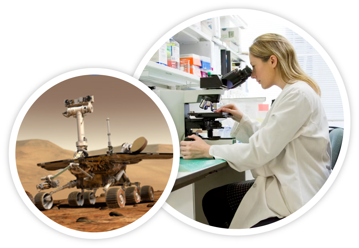 Moon rover and woman researching in lab