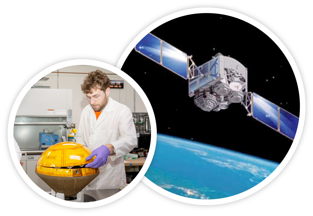 Satellite and researcher in lab