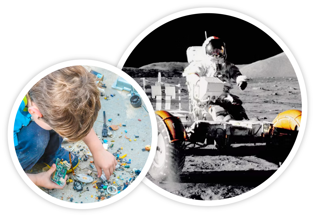 Child building and an astronaut on a moon rover